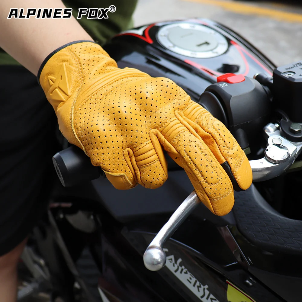 Retro Motorcycle Leather Gloves Perforated Summer Breathable Touch Screen Motobike Cycling Accessories Full Finger Protective 251013