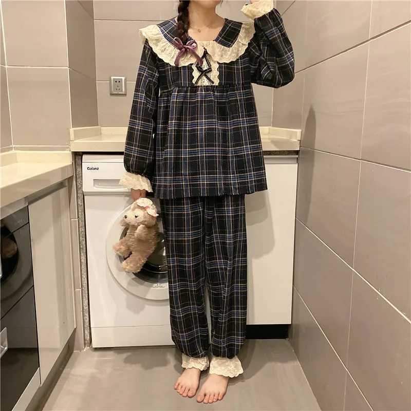 Night Wear Woman Sexy Sweet College Style Pajamas Women Long Sleeve Lace Doll Collar Gradient Grid Loungewear Long Sleeve TrousT251029