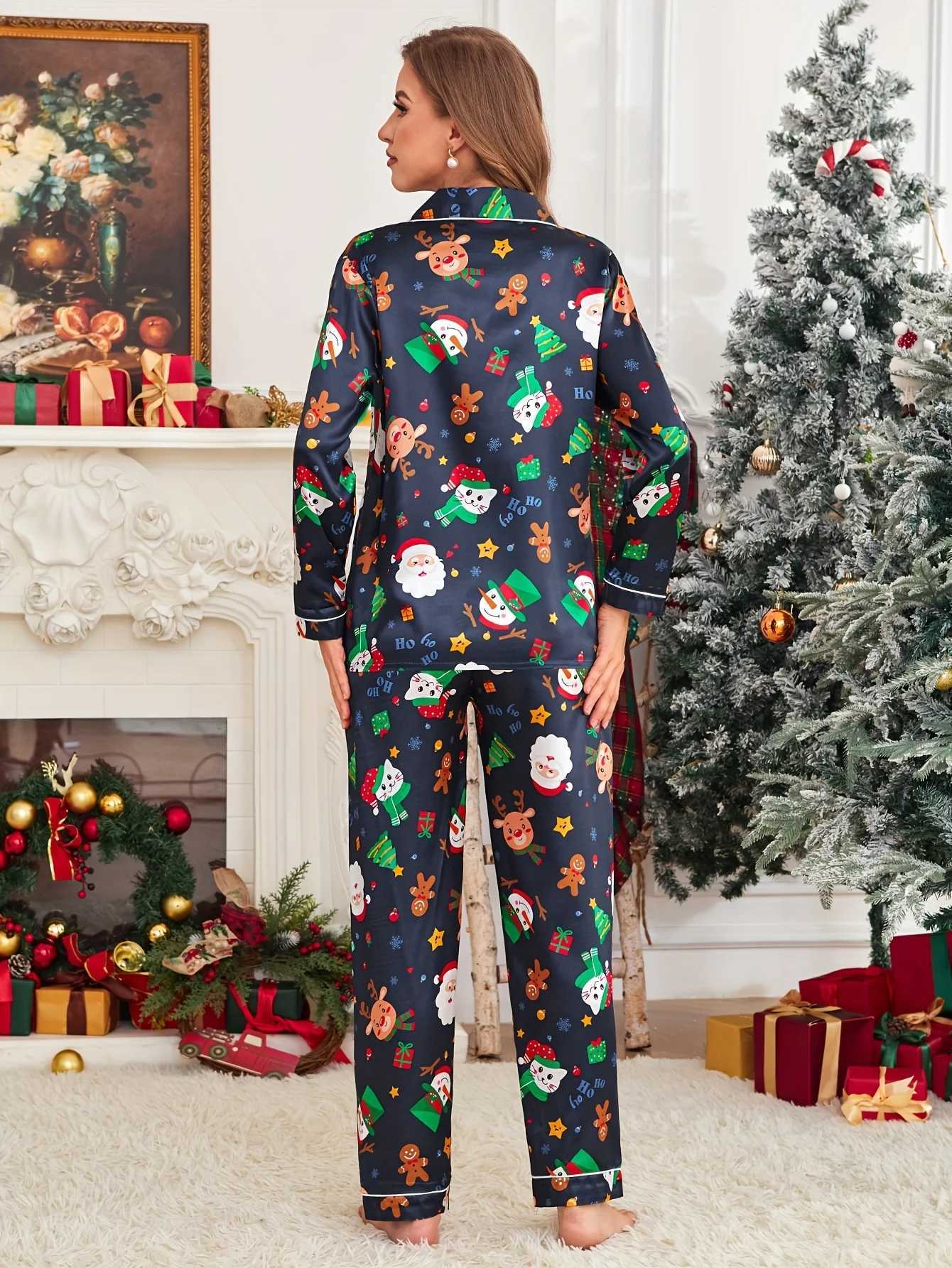 Christmas Holiday Satin Pajama Set for Adults Long Sleeve Party Pajama Pants and Top with Festive Print Reversible Buttoned PT251029