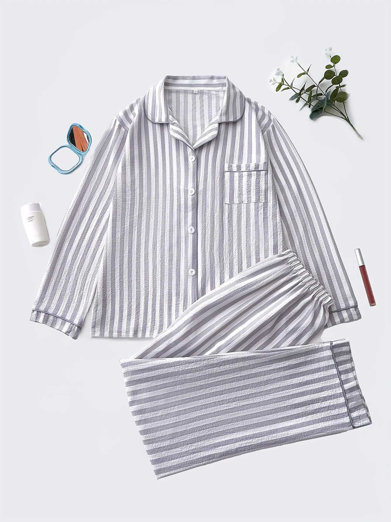 Elegant Striped Polyester Pajama Set for Women with Lapel Collar Long Sleeve ButtonUp Top and Long Pants FallWinter Woven ST251029