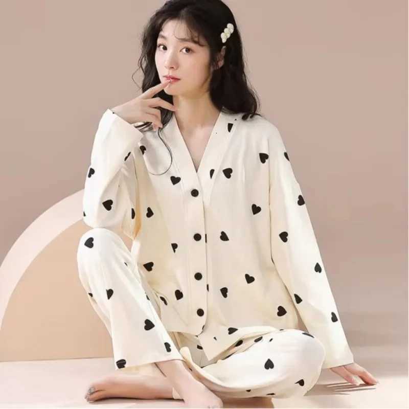 Autumn Winter Pajama Women Cute Sweet Knitted Cotton Long Sleeve Cardigan Plus Size Set Ladies Daily Comfort Pajamas Home WearT251029