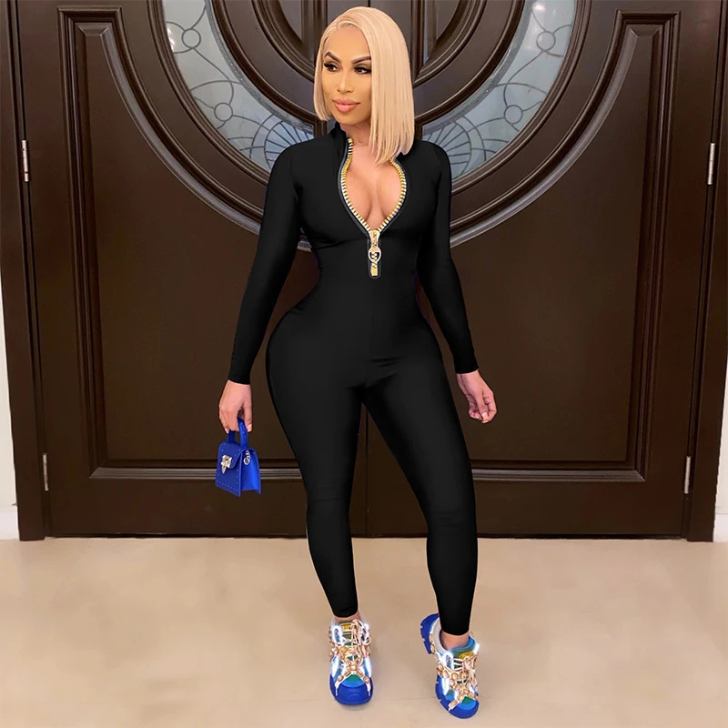 Womens Bodycon Onepiece Jumpsuit Long Sleeved Big Zipper Female Casual Sport Workout Skinny Activity Wear Overalls Tops 251027