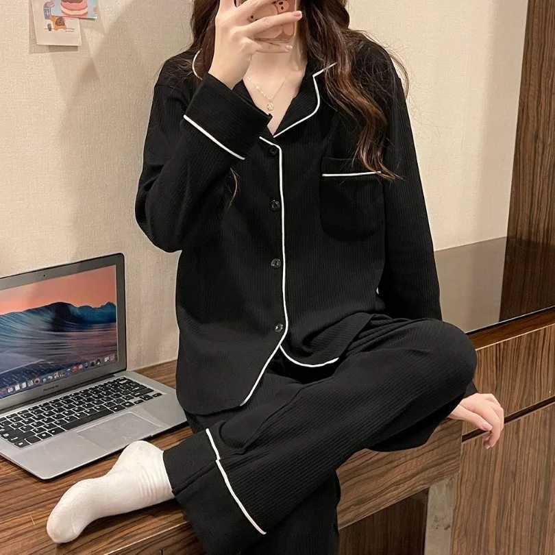 Spring and Autumn Womens Long Sleeve Pajamas Homewear Set Girls Korean Simple Casual Wind Cardigan Homewear Long SleeveT251029