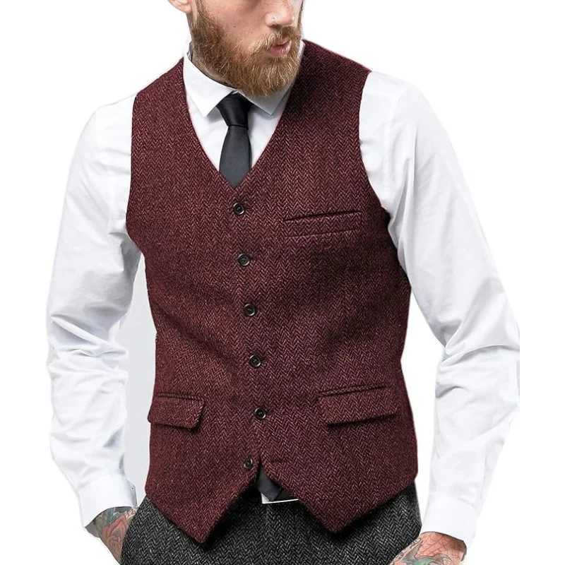 Mens Vintage Herringbone Vest Slim Fit Wool Tweed Waistcoat for PromWedding Classic Retro Style Herringbone Weave W251029