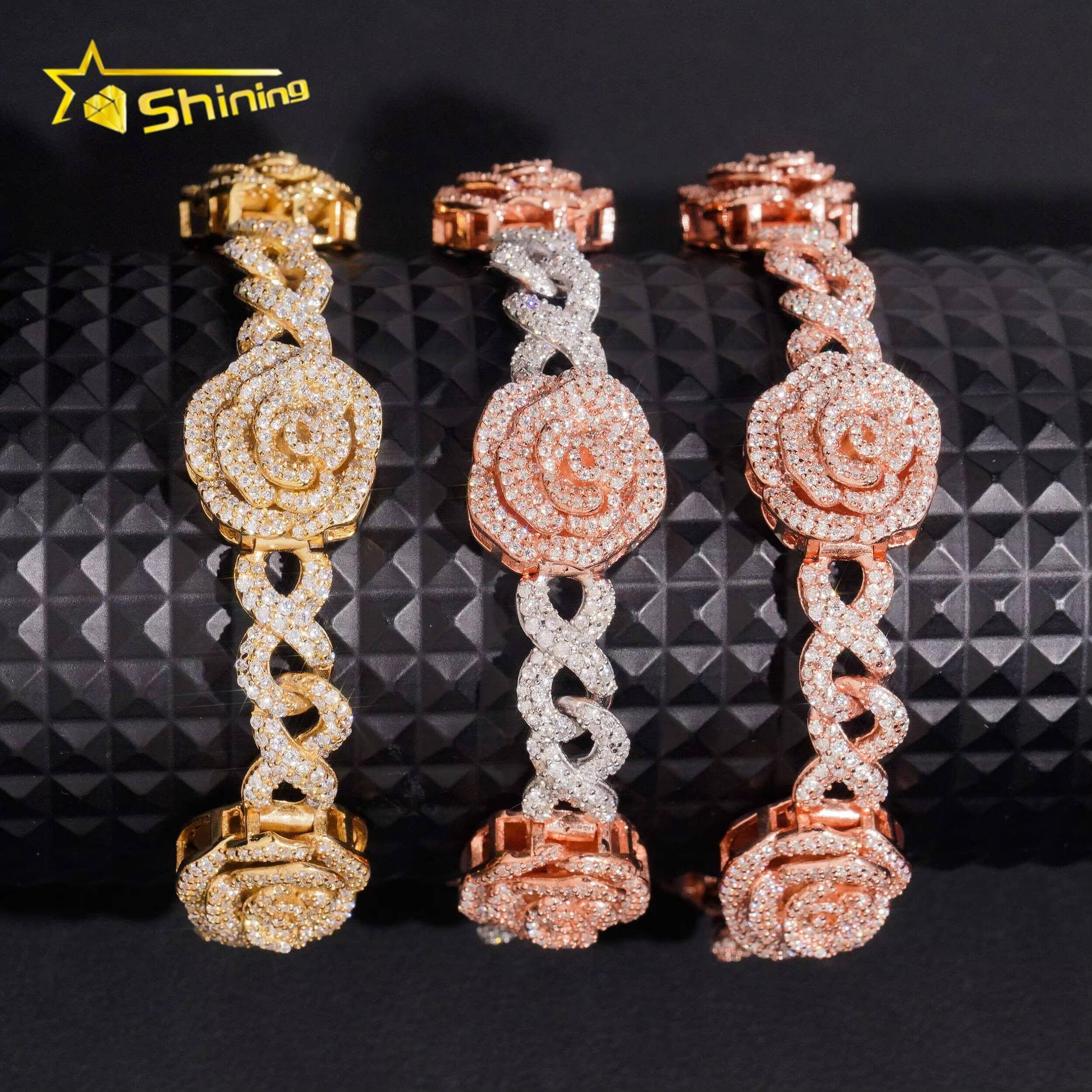 Luxury Iced Out Rose Style Moissanite Cuban Bracelet Hip Hop Custom 925 Sterling Silver Bracelet for Men Women