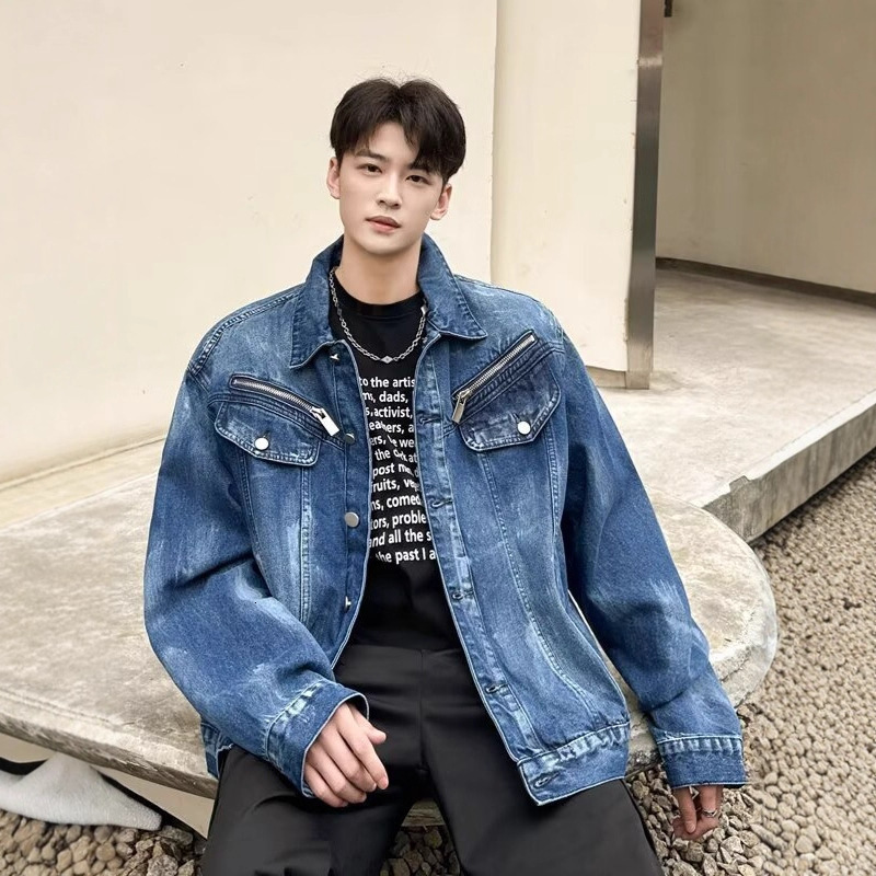 American Heavy Washed Denim Jacket For Men Spring And Autumn Vibe Designer Jacket Trendy Brand High Street Loose Fit Niche Punk Coat