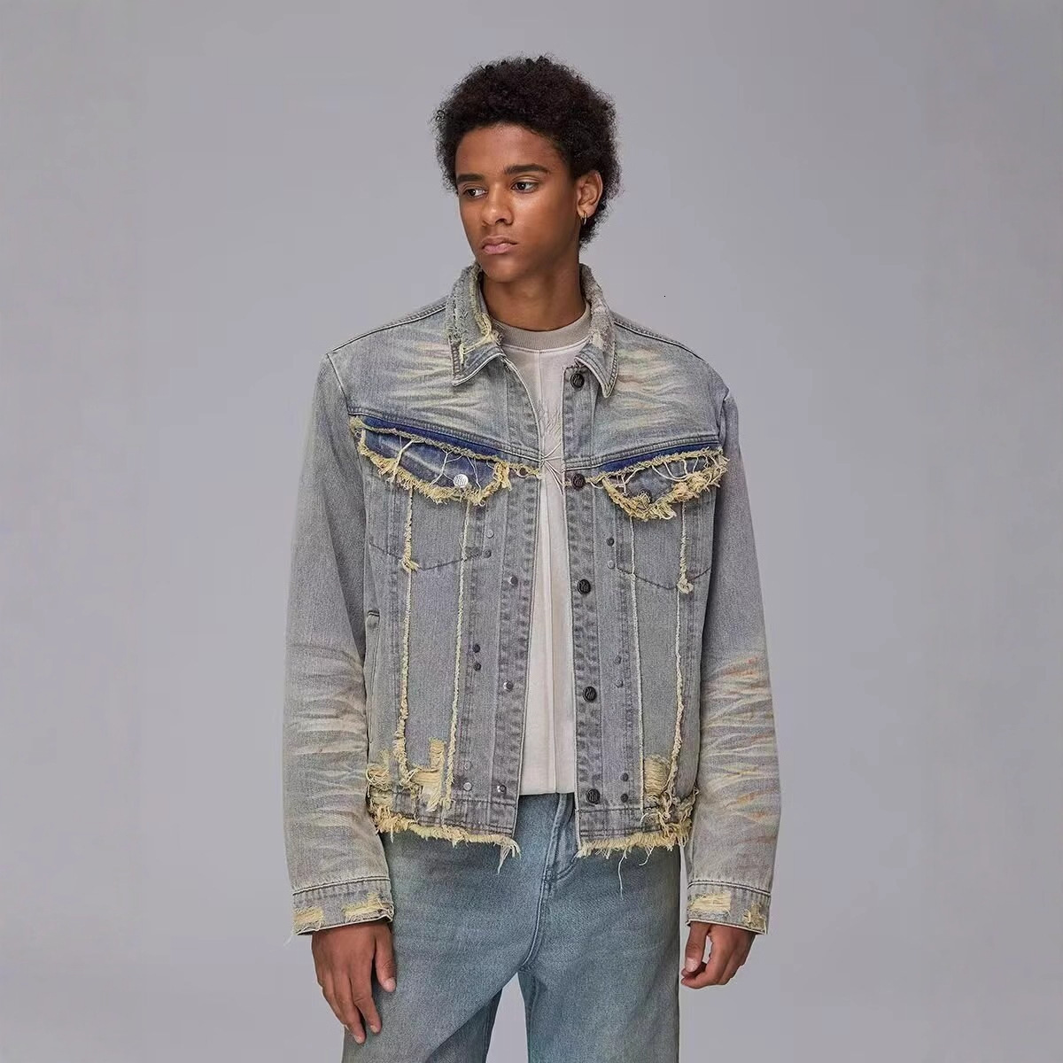 American Niche Design Frayed Shoulder Pads Long Sleeve Denim Jacket Unisex Spring Autumn Designer Jacket New Style Turn-down Collar Jacket