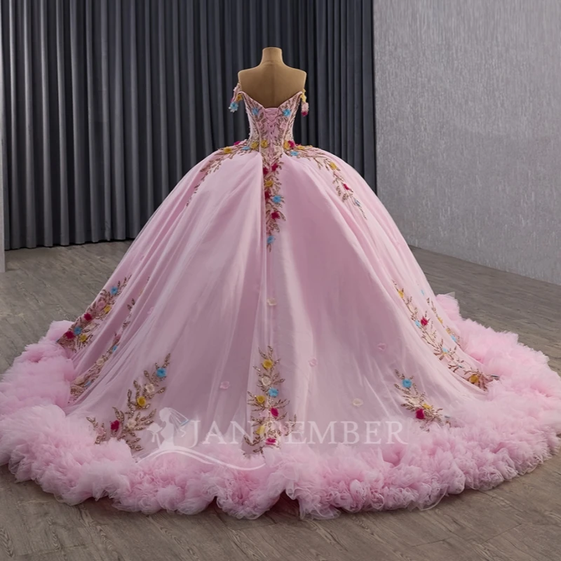 Pink Shiny Ball Gown Quinceanera Dresses Off The Shoulder Sequin Applique Flower Beads Tiered Tull Party Birthday Sweet 16 Dress Vestidos 15 Anos