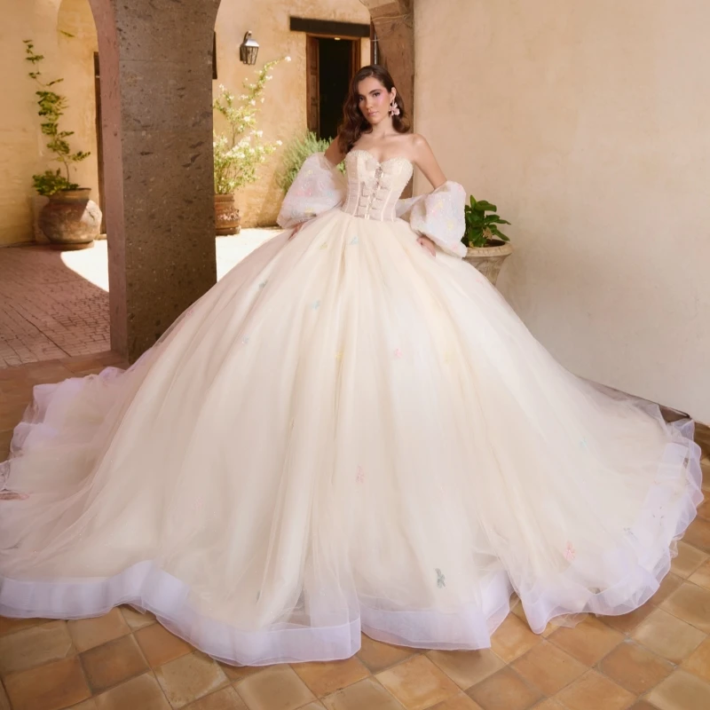 Khaki Shiny Quinceanera Dresses Off The Shoulder Flower Bow Beads Tull Party Birthday Sweet 16 Dress Vestidos De 15 Anos