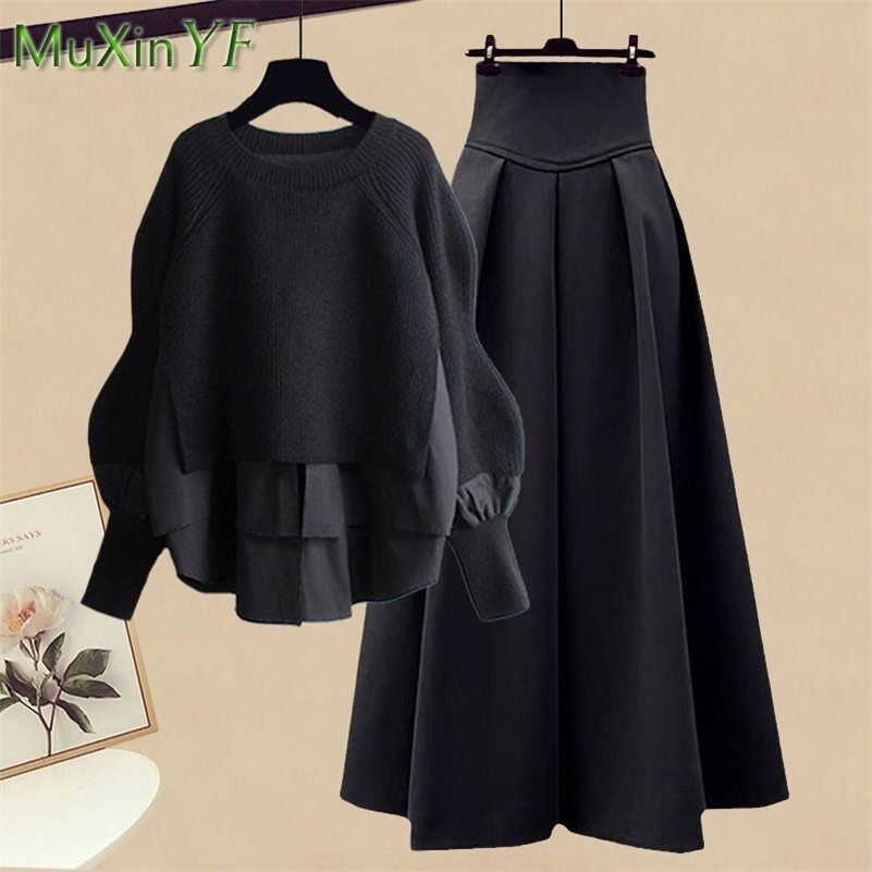 2025 SpringAutumn Korean Elegant Splice Two Piece Knitted Sweater Dress Matching Set Womens Chic Pullover Skirt Set 251028