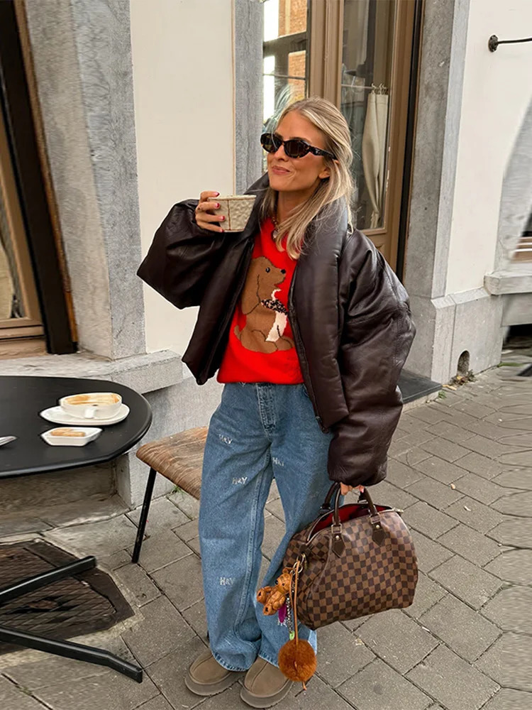 Warm VNeck Thick Leather Short Jacket Woman Long Sleeves Loose Versatile Coats Casual Street Womens Autumn Winter Jackets 251029