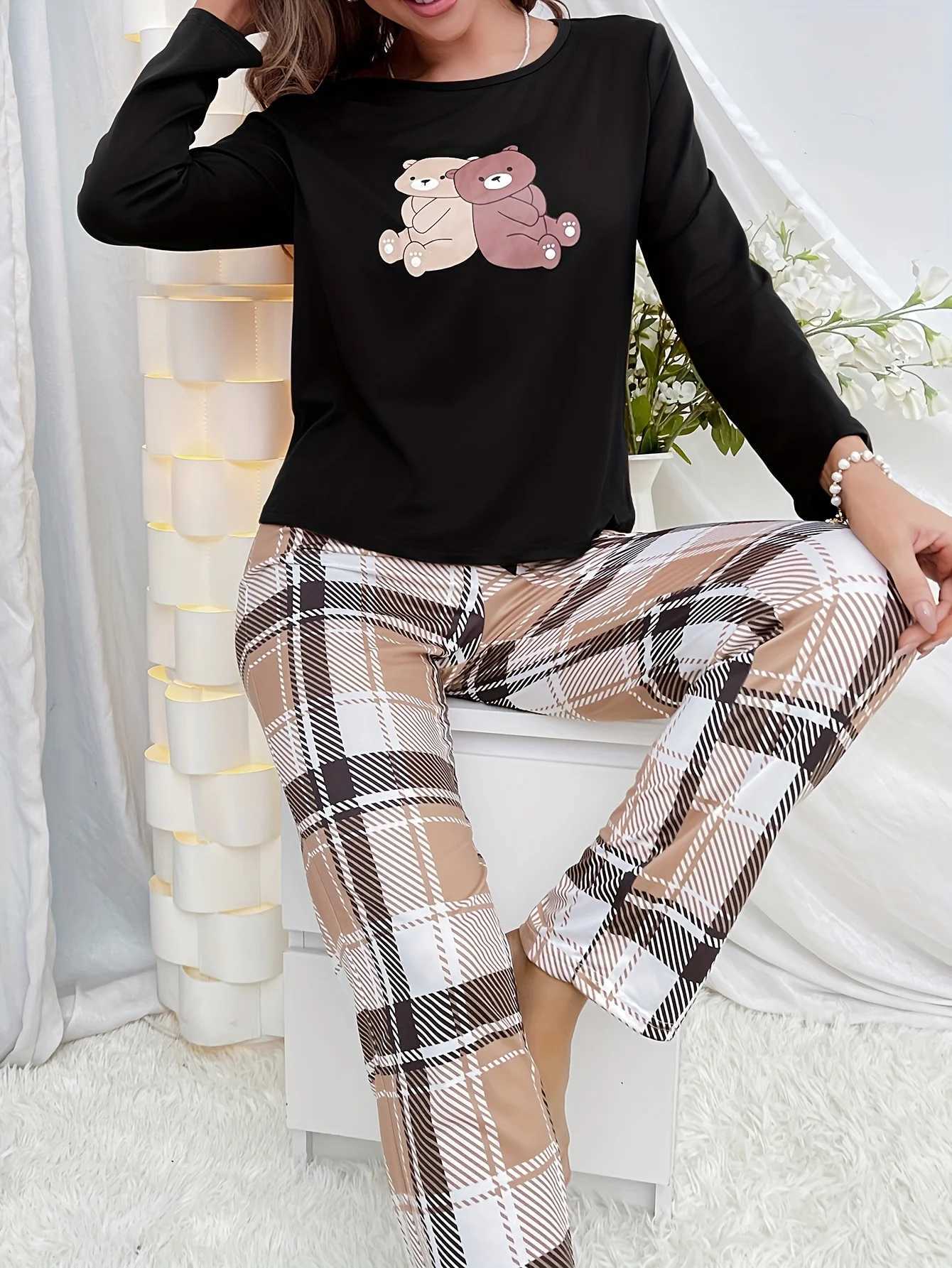 Womens new style pajamas set cartoon bear longsleeved top plaid trousers homewear 2 setsT251029