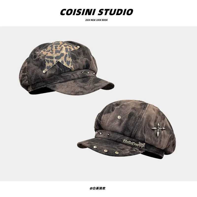 Y2K Personalized Star Sticker Rivet Design Berets Caps for Women Spring and Autumn Fashion Versatile Retro Tiedye Newsboy Hats
