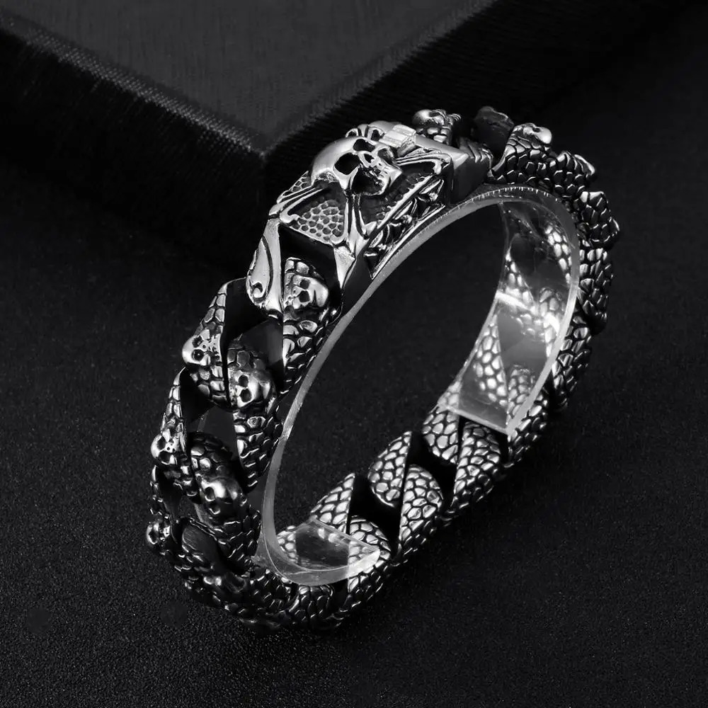 Fongten Gothic Mens Bracelets Stainless Steel Skull Franco Curb Chain Bracelet For Men Multiple Color Skeleton Armband Jewelry 251028