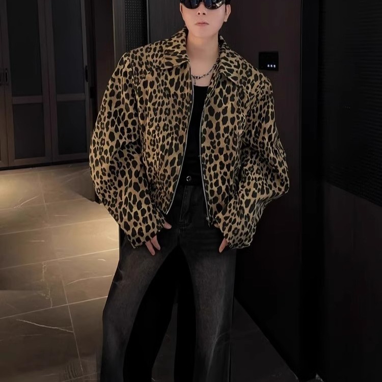 American Style Leopard Print Jacket For Men Spring And Autumn, High-end Feel Cool Short Jacket Trendy Brand Designer Jacket High Street Vibe Style Jac