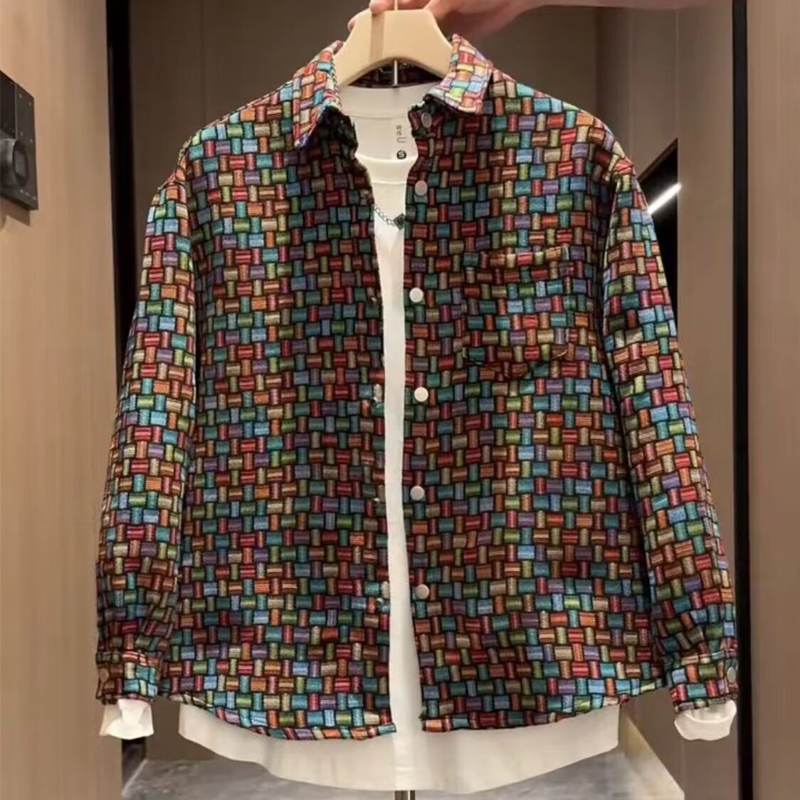 Spring And Autumn New Ethnic Style Casual Turn-down Collar Jacket Men's Designer Jacket Trendy Brand Color-woven Jacquard Plaid Shirt Cool Trendy