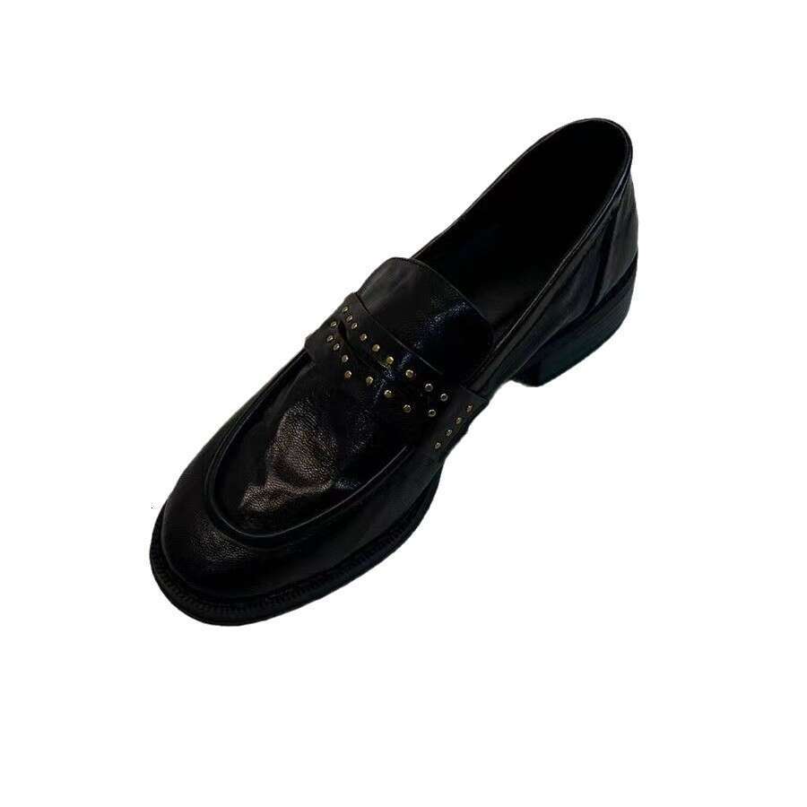 Cowhide Genuine Leather British Style Round Toe Studded Designer Shoe Pleated Slip-On Chunky Heel Black Loafers for Women