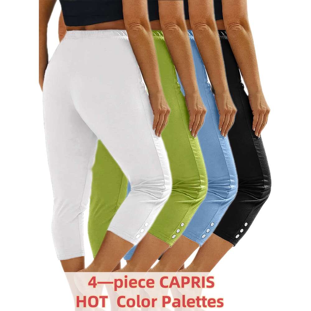 4pcs 7-inch High Waist Capri Leggings Women, Stretchy Comfortable, with Button Decor, Perfect for Yoga, Running & Fiess Workouts - Green, White, Pink,