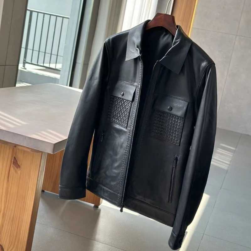 Mens ZipUp Leather Jacket Lapel Vintage Biker Style Business Casual Autumn Winter Windbreak Coat for MiddleAged Young BlackT251029