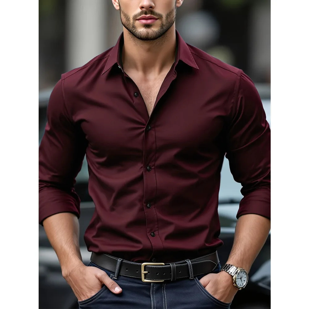 FGKKS Men Casual Shirt Fashion Solid Color Long Sleeve Elastic Fabric Male Business Dress 251029