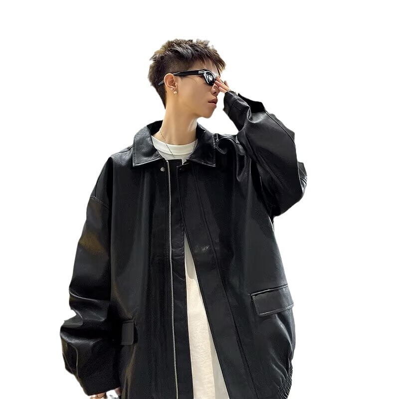 American Style Leather Jacket For Men Spring And Autumn, High-end Feel Cool And Trendy Brand Casual Designer Jacket Loose PU Leather Turn-down Collar 