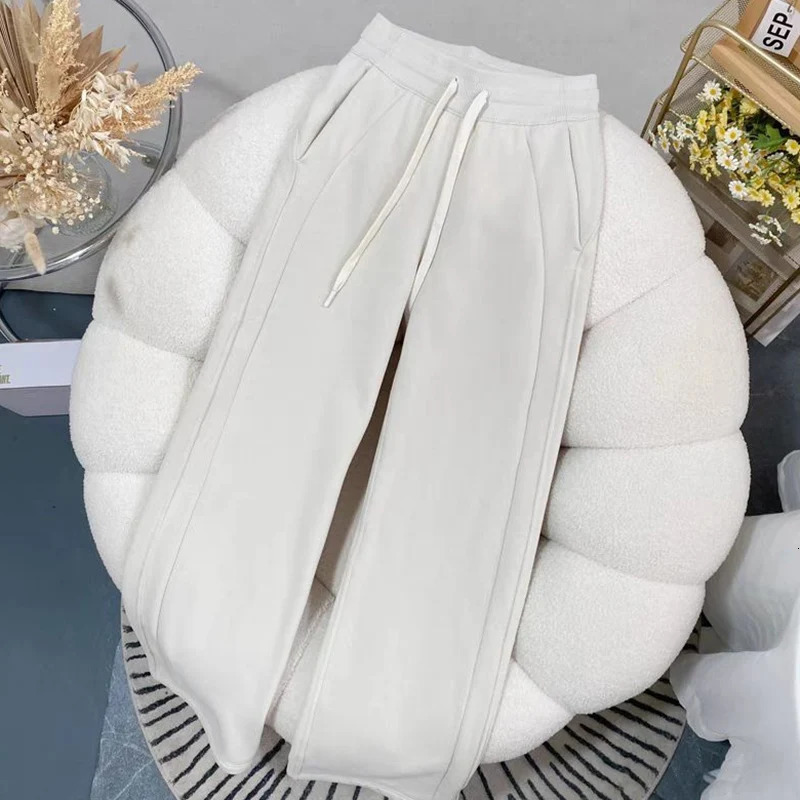 Autumn Winter Women Chic ner Cotton High Waisted Sweatpants Lady Versatile Casual Solid Wide Leg Straight Trousers 251029