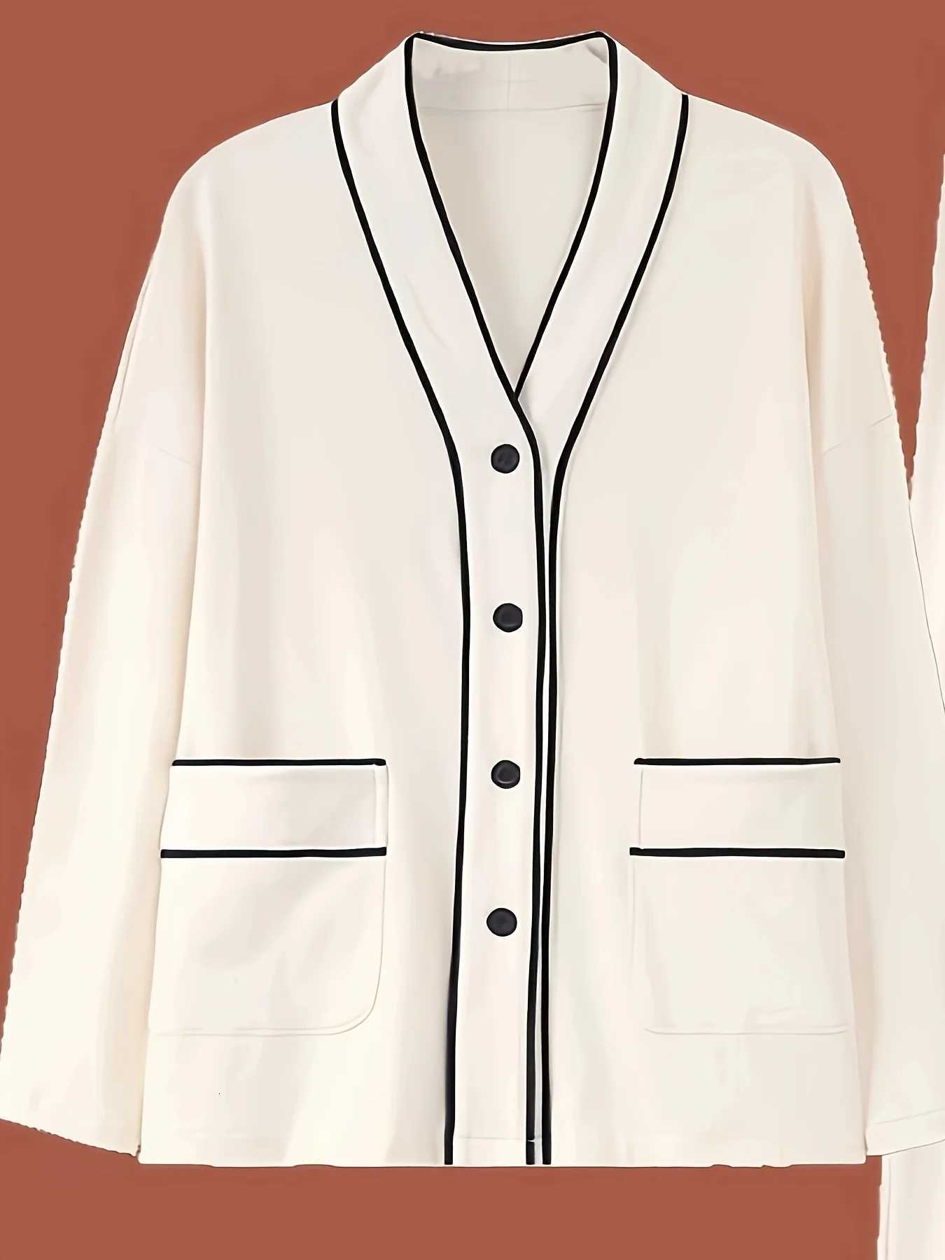 2Piece New Womens Pajama Set for Autumn Minimalist ColorBlock VNeck Elegant Cardigan Design Premium LoungewearT251029