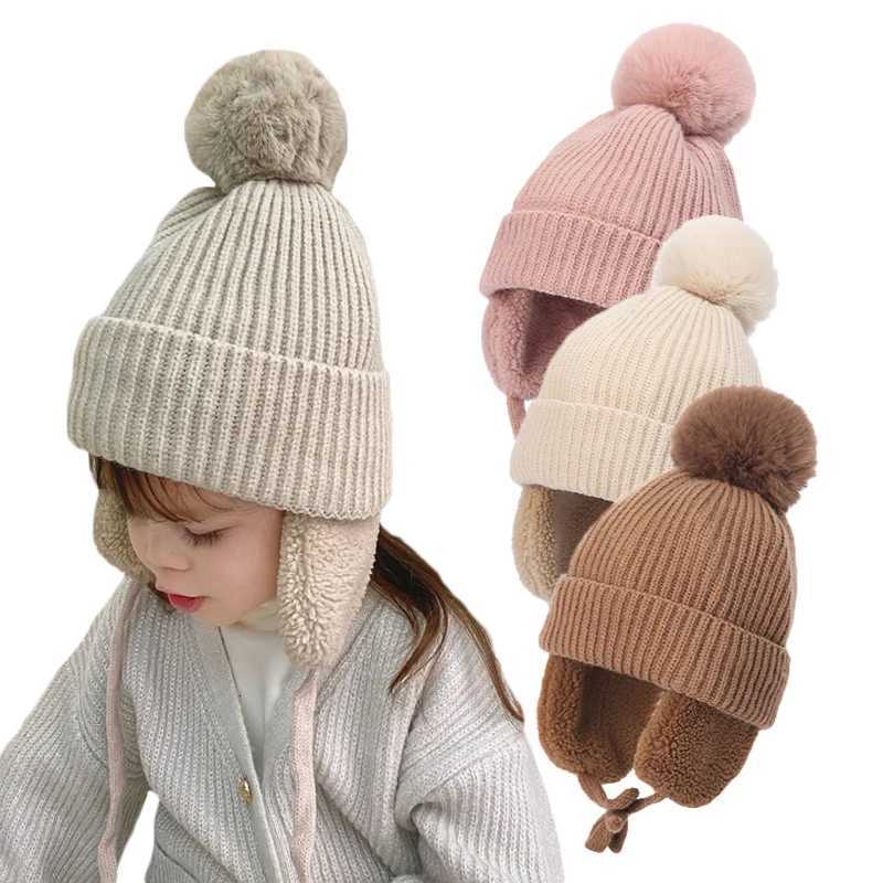 27Y Winter Thick Baby Hat Big Pompom Beanie with Earflap Wool Plush Childrens Knitted Cap for Girls Boys Warm Kids Accessories251028
