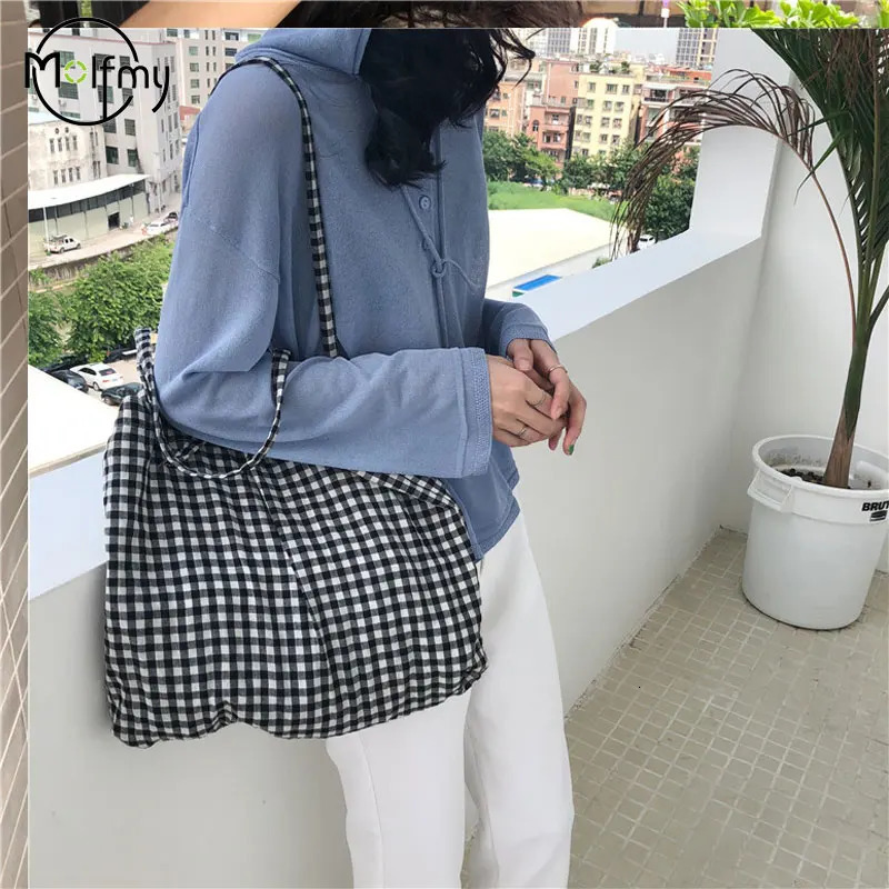 Canvas Bag Woman Casual Plaid Women Shopping Bag Large Capacity Cute Tote Handbags Cloth Doublesided Frenum Shoulder Bags 251029