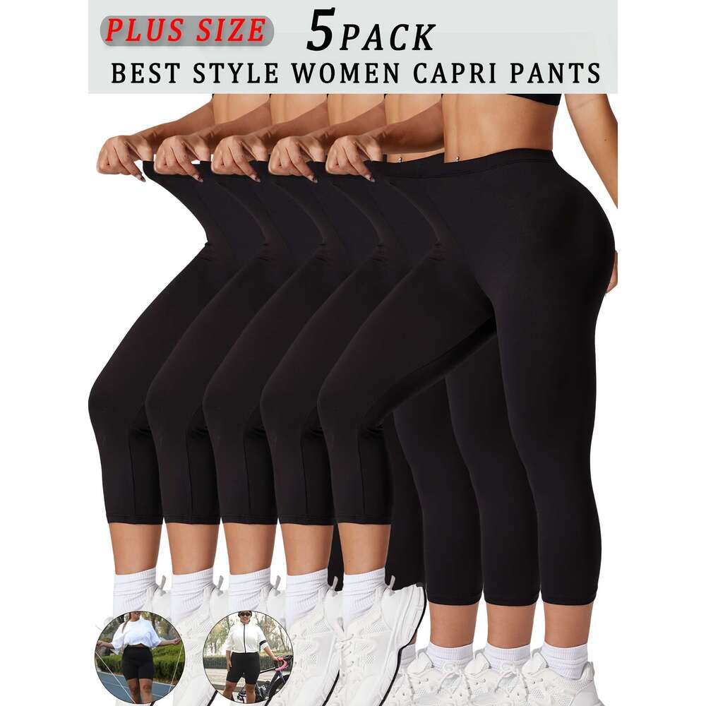 5 Packs Women's Sports Capri Set, Plus Size Plain Stretch High Rise Soft Yoga Running Leggings Pants 5Pcs Set
