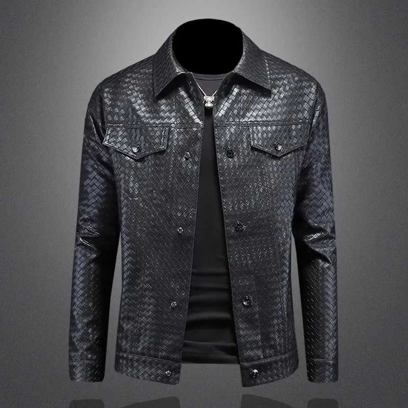 2025 New Plaid Embossed Faux Leather Motorcycle Jacket Mens Casual Autumn Coat 5XLT251029