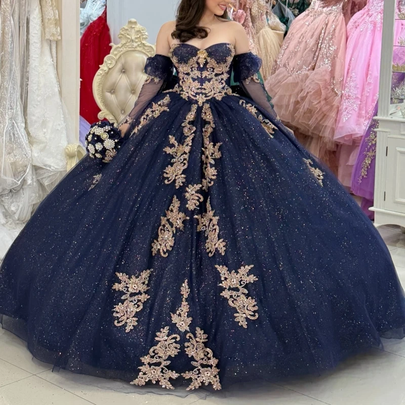 Navy Blue Shiny Ball Gown Quinceanera Dresses Off The Shoulder Applique Lace Beads Bow Tull Party Birthday Sweet 16 Dress Vestidos