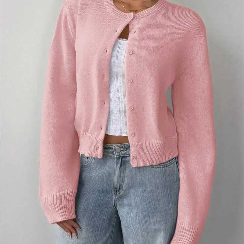 Autumn Winter Round Neck Threaded Long Sleeved Button Womens Cardigan Jacket Sweater Short Leisure Loose Solid Color TopT251028