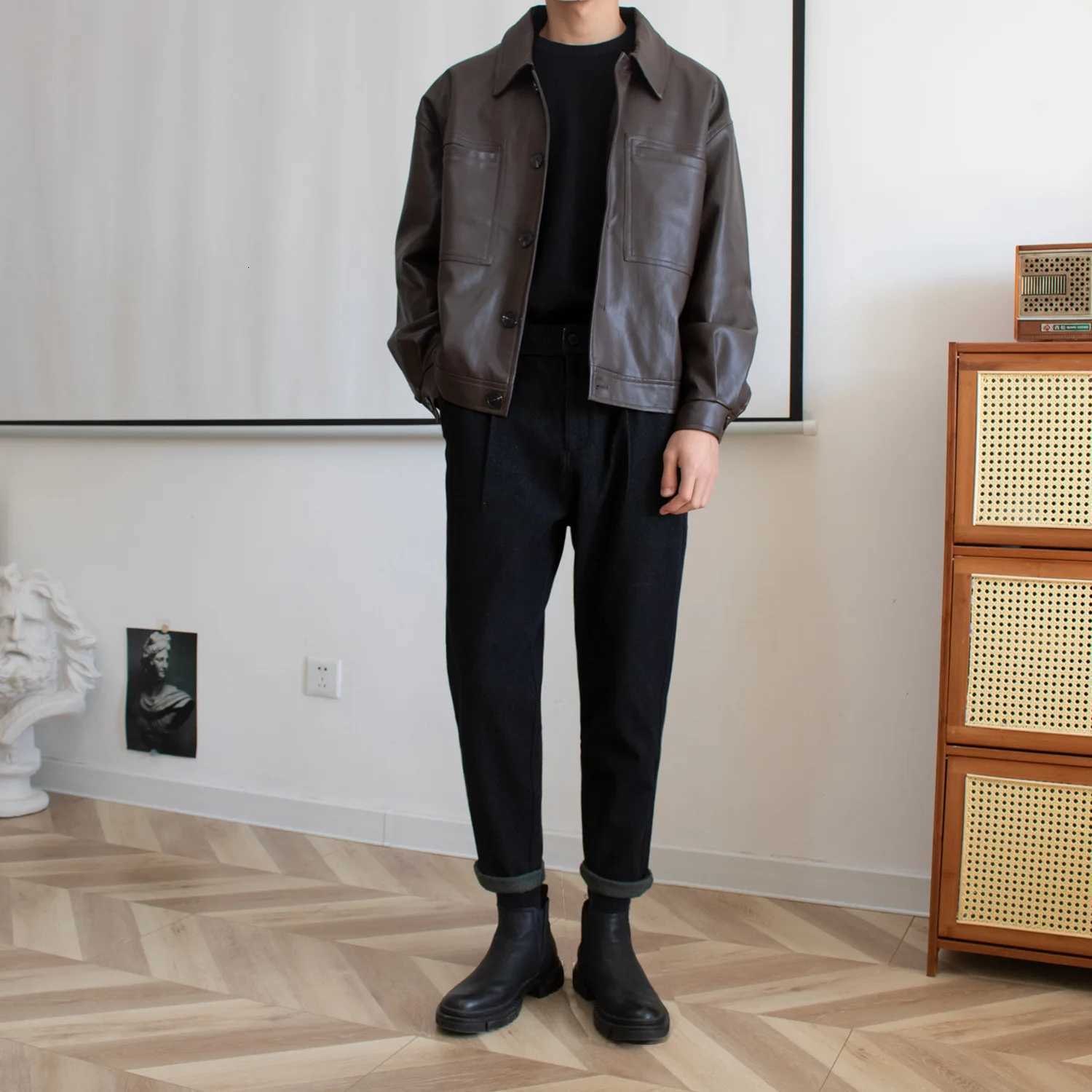 Spring Autumn Korean Style New Fashion Mens Turndown Collar Long Sleeve Breasted Solid Color Faux Leather Coats Male JacketsT251029