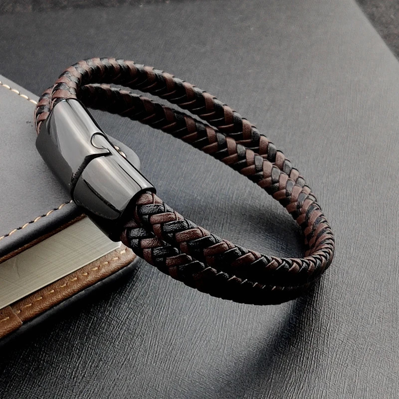 Steel Bracelet Double Layer Brown Black Leather Braided Rope Man High Quality Stainless Steel Magnetic For Women Gift 251013