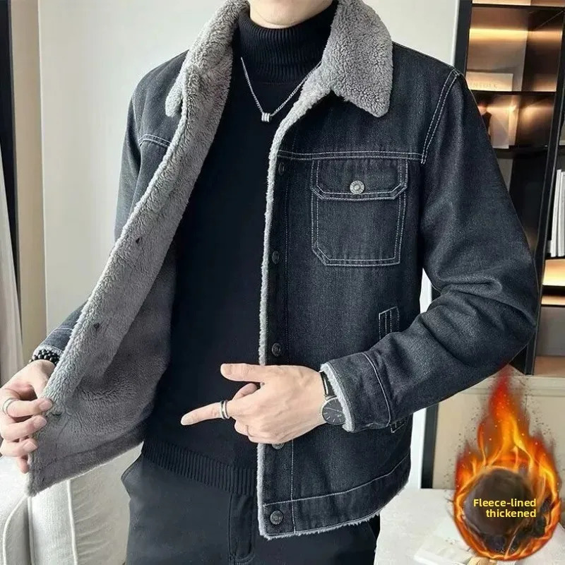 Mens Denim Jacket Fleece Lined Thickened Warm Winter Fashion Lamb Fur Collar Wear Resistant Cold Proof Outerwear 251029