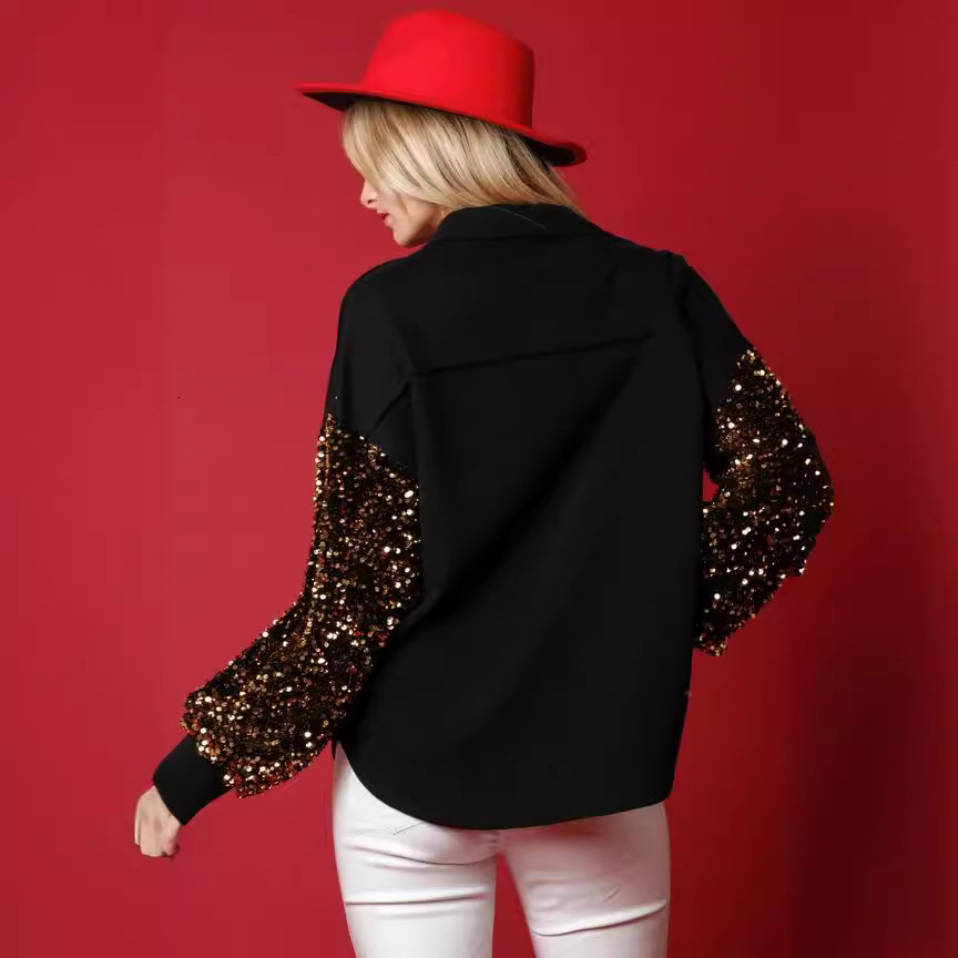 Autumn new European and American women's clothing designer Santa Claus decoration long sleeved button velvet shirt sequined sleeve women's j