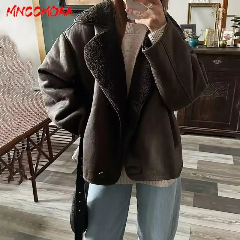 MNCCMOAA High Quality Winter Women Vintage Long Sleeve Warm Faux Fleece Jacket Coat Female Casual Solid Pocket Outwear Tops 251029