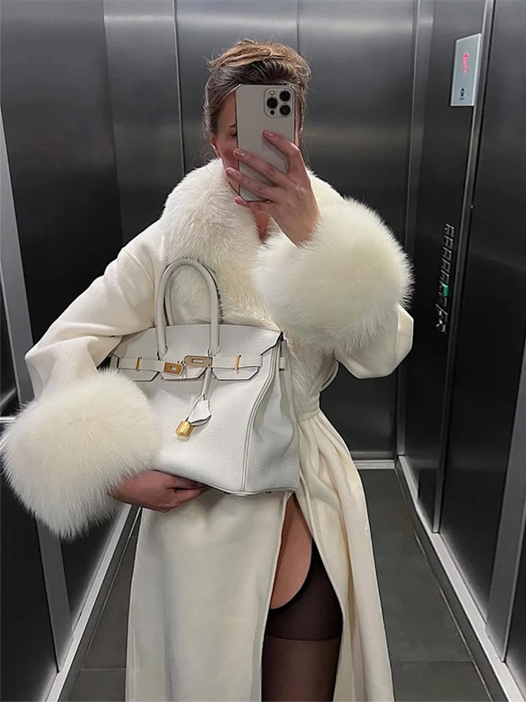 Fluffy Fur Long Womens Coat Elegant Lace Up Full Sleeve Vneck Female Jackets Winter Fashion Split Loose Lady Outwears 251028
