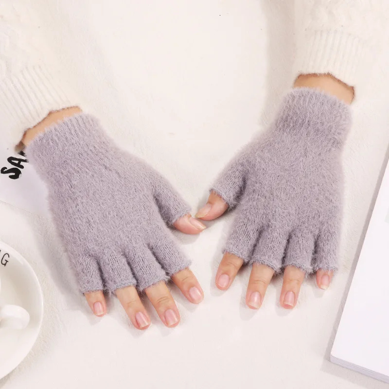 Winter Warm Knit Gloves Half Finger Men Women Thermal Gloves Autumn Solid Color Adult Writing Office Thick Elastic Plush Gloves 251029