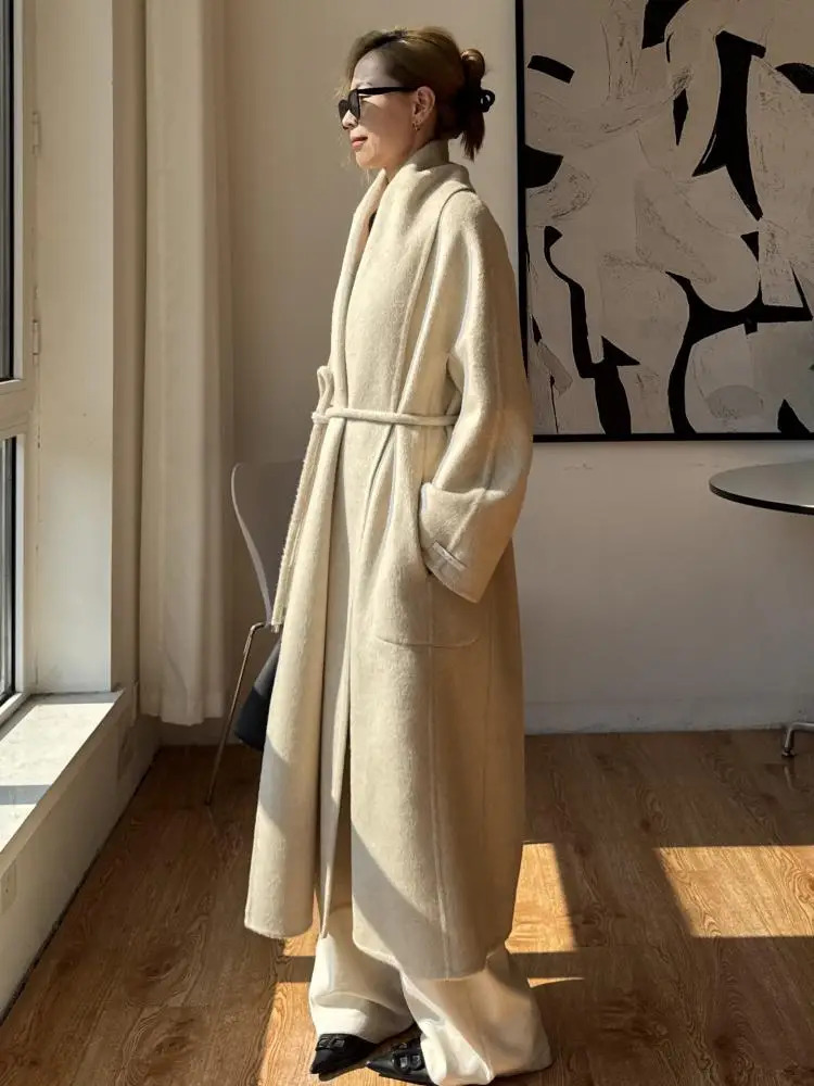 Office Lady Alpaca Woolen Jackets 2025 Fall And Winter Bathrobe Style Yarry Collar LaceUp Tie Loose Womens Long Wool Coats 251029