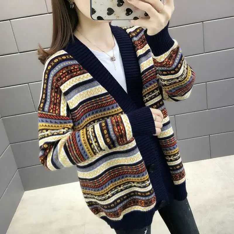 Ethnic Striped Cardigan Womens Autumn and Winter 2023 New Korean Version Loose Sweater Knitwear Elegant Womens CoatT251028