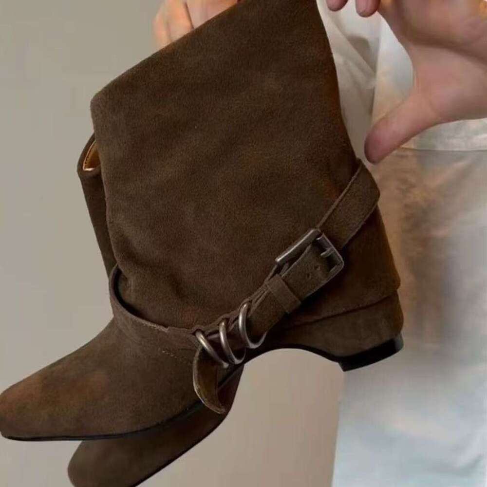 Height Increase Soft Cool Style Slimming Melad Western Boots Women with Belt Buckle Inner Suede Leather Boot for Autumn Designer Shoe and Winter