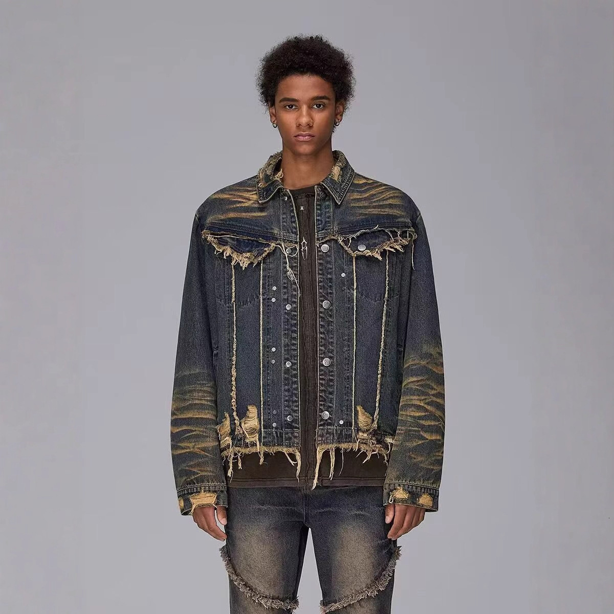 American Niche Design Frayed Shoulder Pads Long Sleeve Denim Jacket Unisex Spring Autumn Designer Jacket New Style Turn-down Collar Jacket