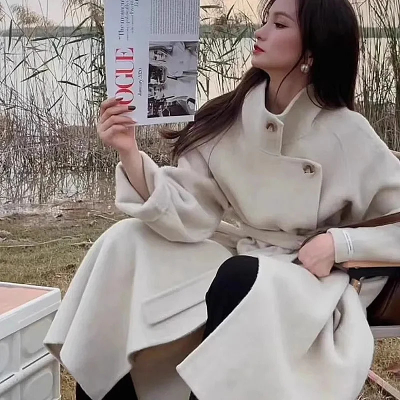 Notch Lapel Wool Coat DropShoulder Women 100 Loose Overcoat DoubleLayers Autumn Winter Long Jacket Thick Trench 251028