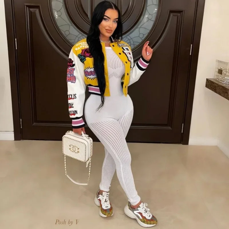 Letter Print Color Patchwork Woolen Varsity Jacket Women Long Sleeve Single Breasted Short Baseball Coat Casual Sporty Outwear 251029