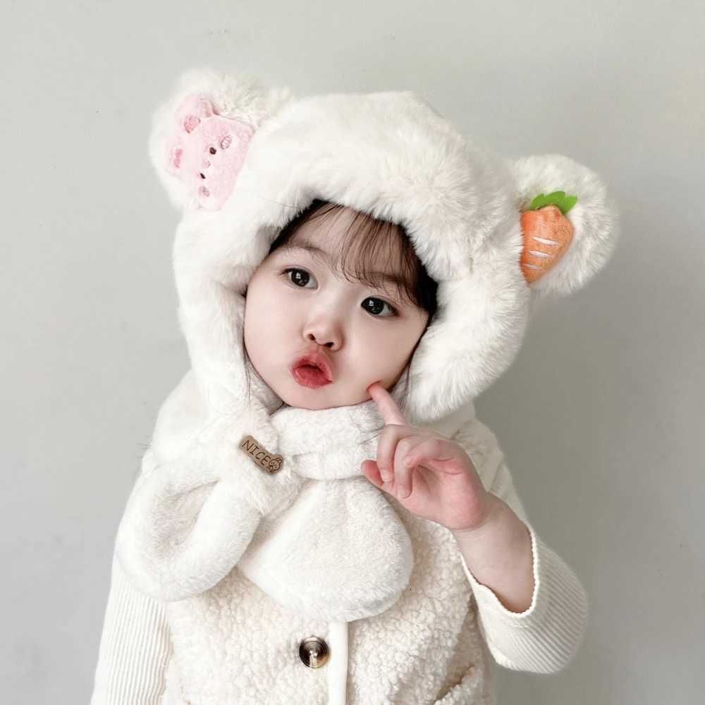 Kids Plush Hat Winter Scarf One Piece Hat Plus Velvet Cartoon Two Piece Set Cute Baby Boys and Girls Earmuffs Hat Miniso251028