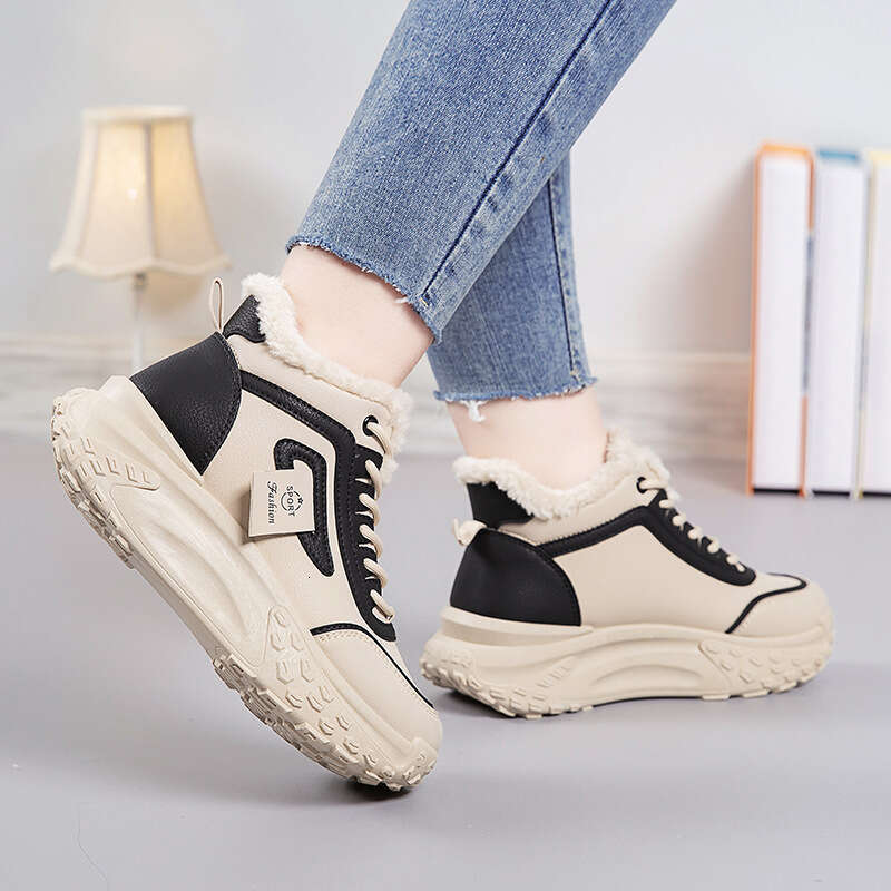 Women's 2025 New Winter High-Top Designer Shoe Retro-Stitched Fleece-Lined Warm Cotton Thick-Soled Cushioned Wear-Resistant Height-Increasing