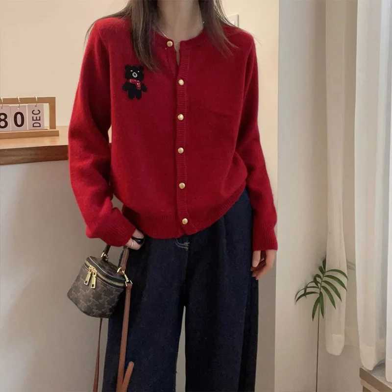 Autumn Winter Elegant Fashion Little Bear Knitted Cardigan Women Clothing Casual Allmatch Long Sleeve Sweaters Oneck Loose TopT251028