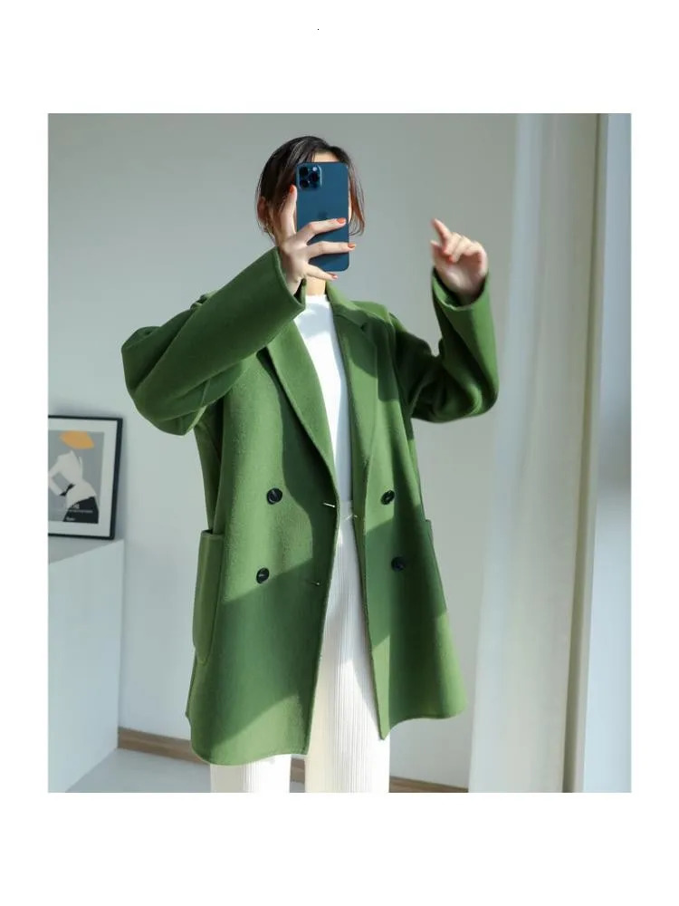 Autumn Korean Style Double Breasted Simple Black 100 Wool Coat Women Long Loose Suit Woolen Overcoat Jacket 251028